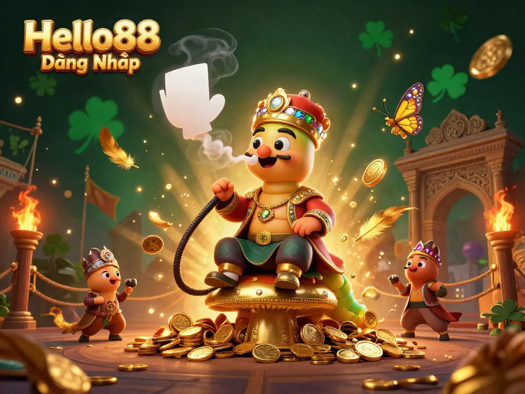 Engage with the Hello88 Đăng Nhập experience featuring an enchanting 3D caterpillar and poker elements.