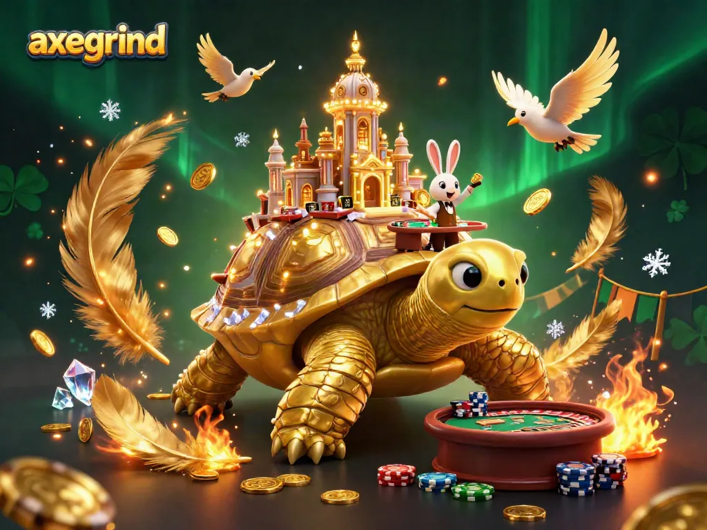 Mengklaim kemenangan menggunakan strategi dari konten axegrind di kasino, dealer kelinci dan kura-kura emas dengan koin berkilauan.