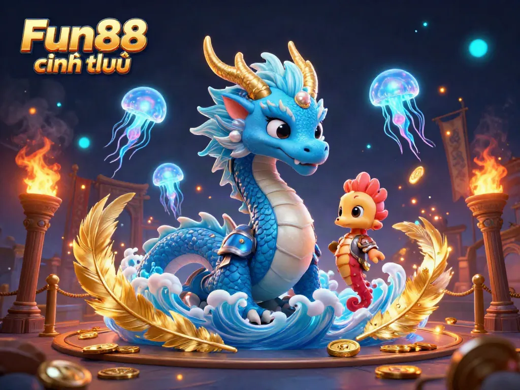Engaging scene of Fun88 chính thức with a majestic azure dragon, seahorse knight, and glowing jellyfish in a dynamic online casino atmosphere.