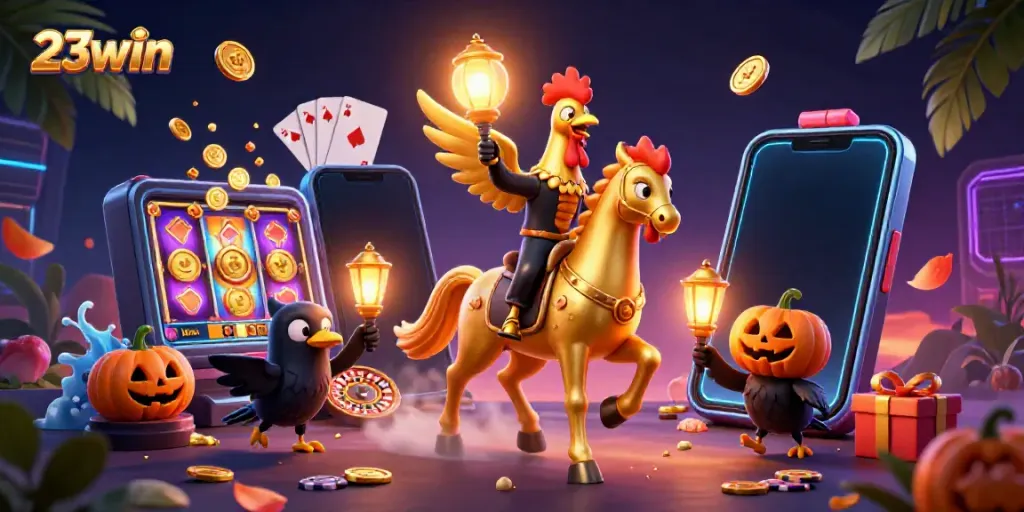 Engage with 23win’s lively casino scene featuring a golden rooster and treasures from slot games.