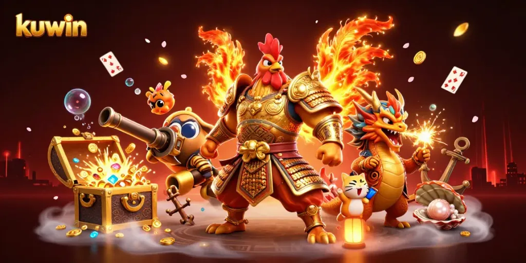 Kuwin's vibrant 3D illustration showcases a rooster warrior, dragon hatchling, and fortune cat in a packed casino-themed adventure.
