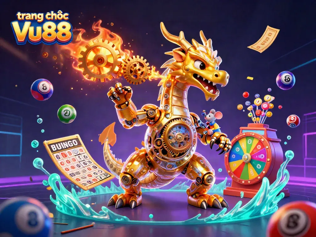 Experience the excitement of gaming at trang chủ Vu88 with vibrant lottery elements and a unique dragon character.