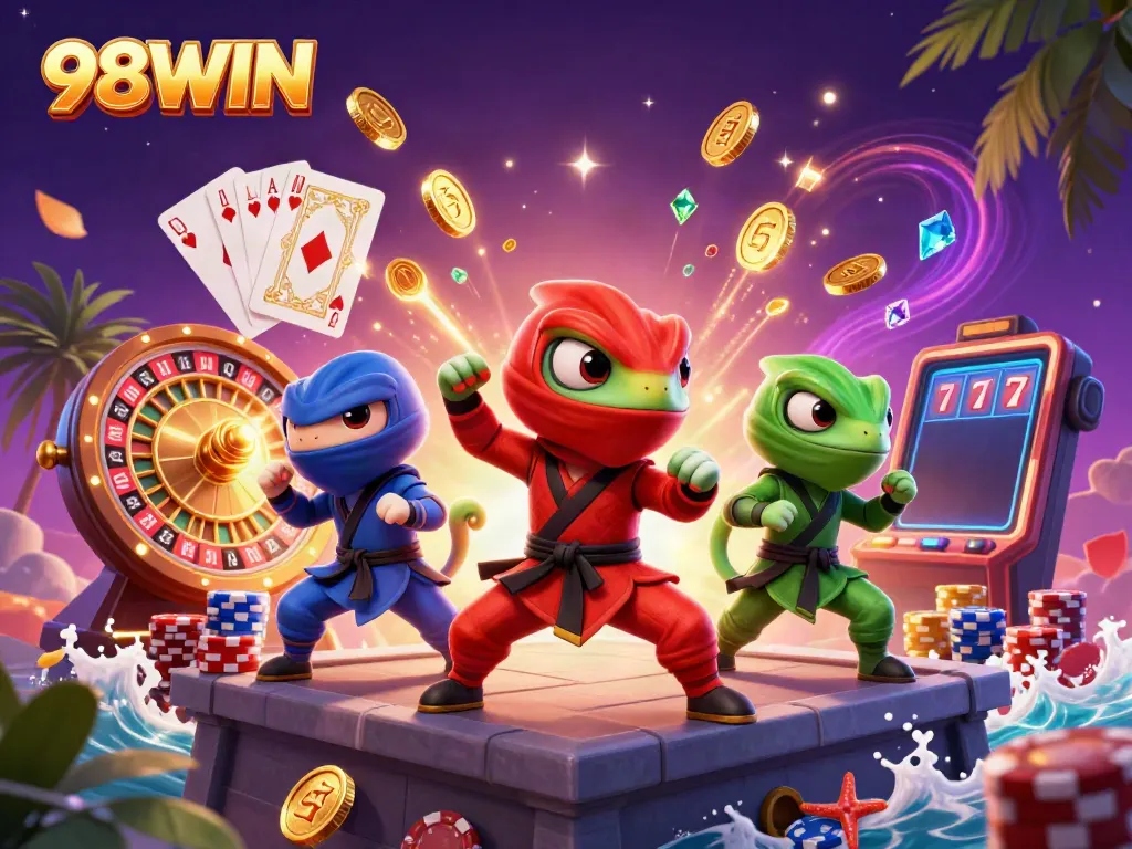 Spinning roulette wheel and colorful chameleons synchronize martial arts for 98WIN casino theme.