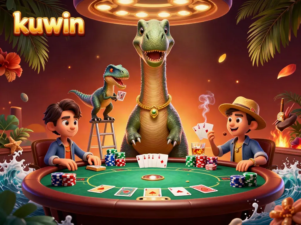 Kuwin depicts a giant brontosaurus playfully observing a vibrant poker game setup with a clever raptor dealing cards.