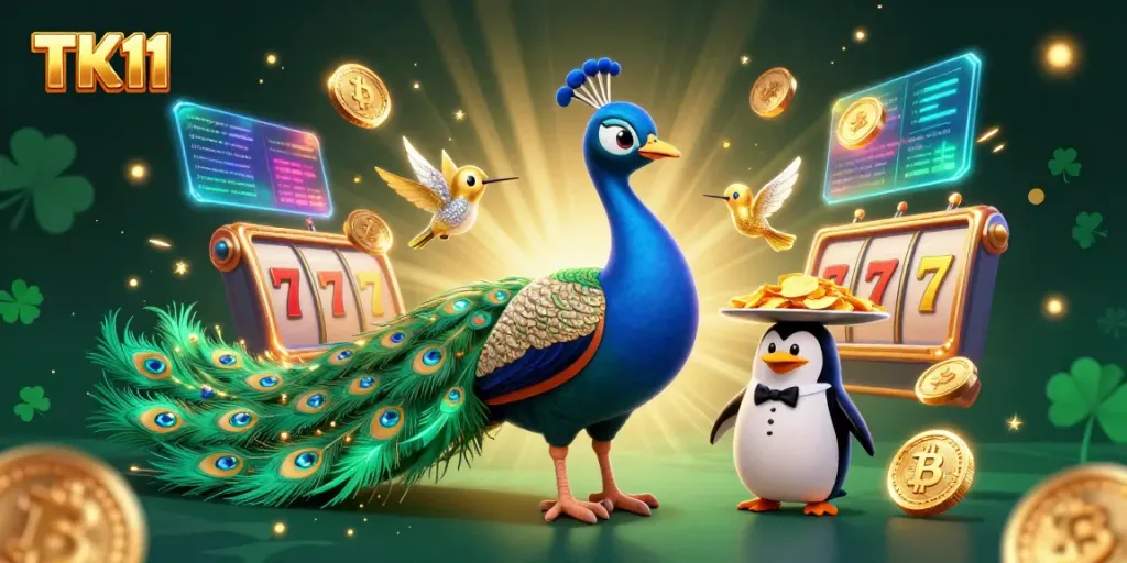 Experience the thrill of TK11 as colorful characters interact in an exciting casino gaming scene filled with neon cryptocurrencies.