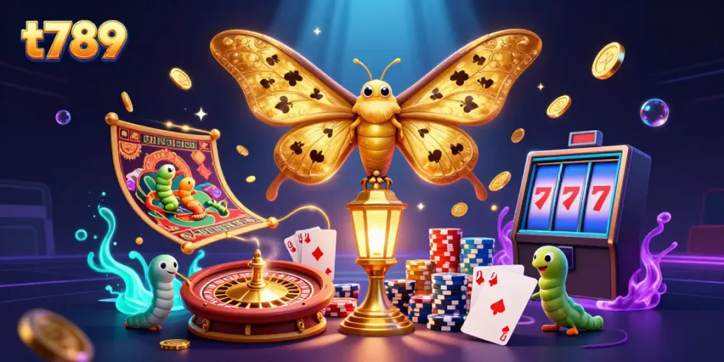 Engage with the vibrant casino world of t789 featuring a stunning 3D illustration of games and treasures.