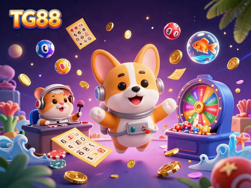 Experience thrilling gameplay with TG88 casino elements in a vibrant 3D space station scene.