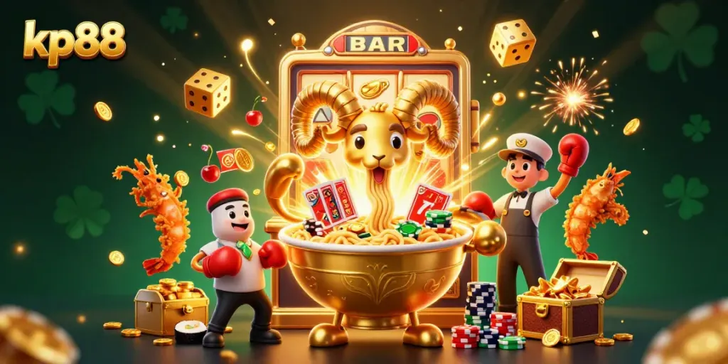 Experience thrilling wins at kp88 with a vibrant floating ramen bowl character surrounded by festive casino elements.