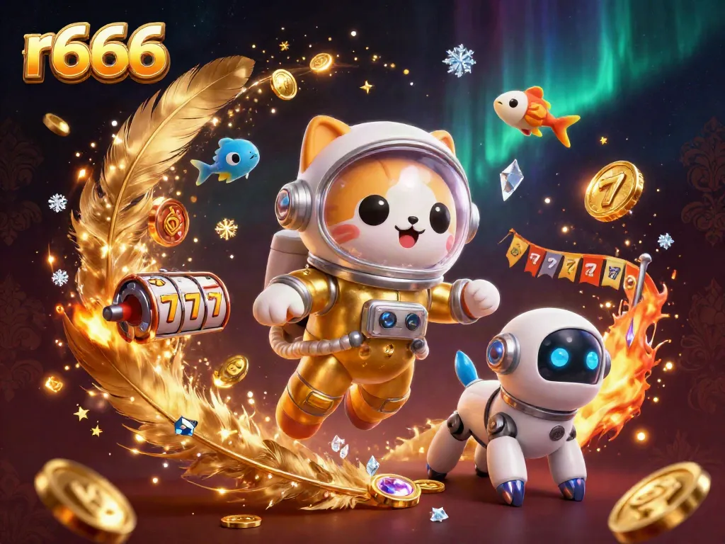 Experience thrilling gaming at r666 with this vibrant 3D illustration featuring casino elements.