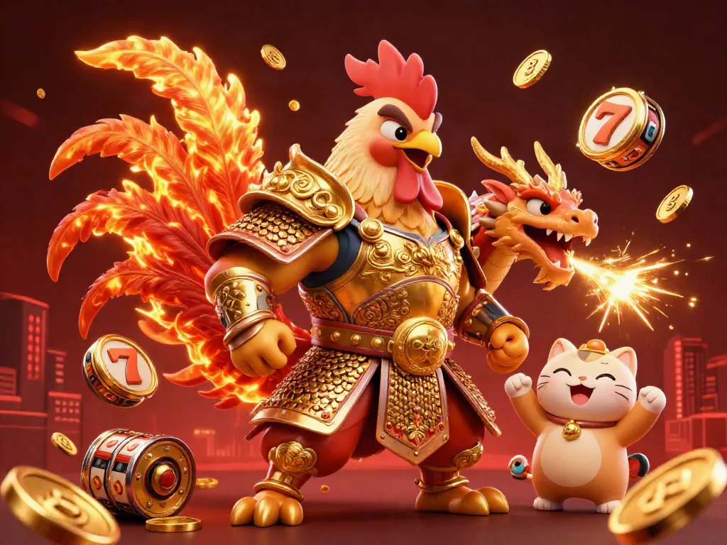 Experience the excitement of thabet with a dynamic illustration of a rooster warrior and dragon in a vibrant casino setting.