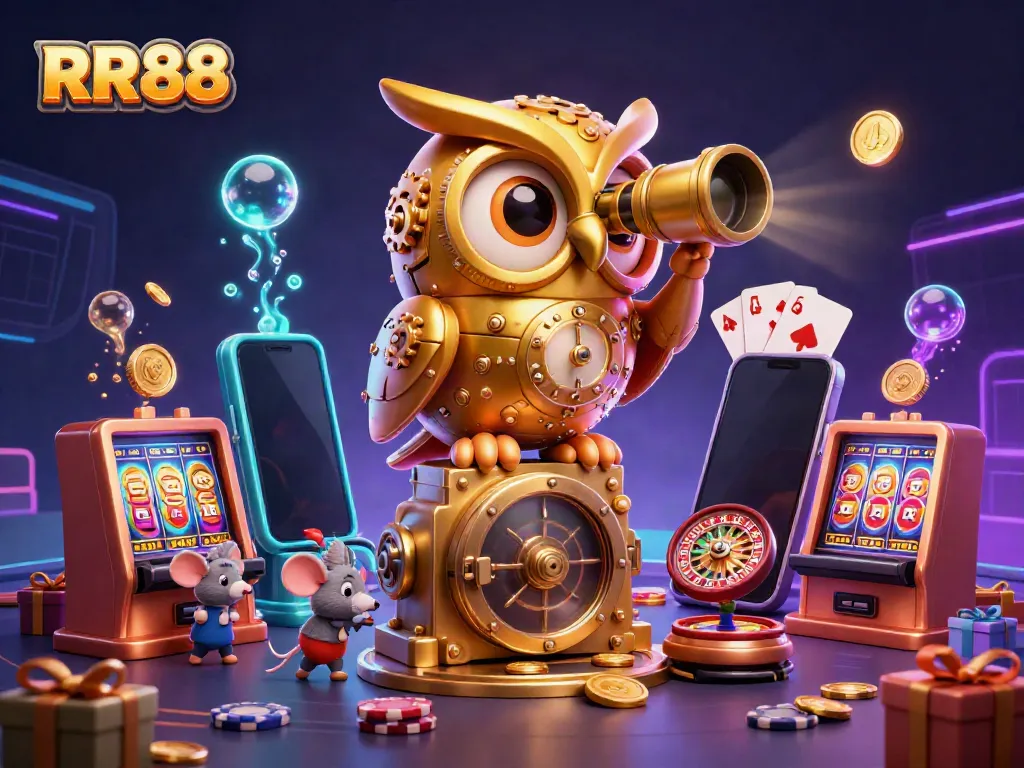 RR88 casino scene featuring a golden owl and whimsical mice among vibrant slot machines