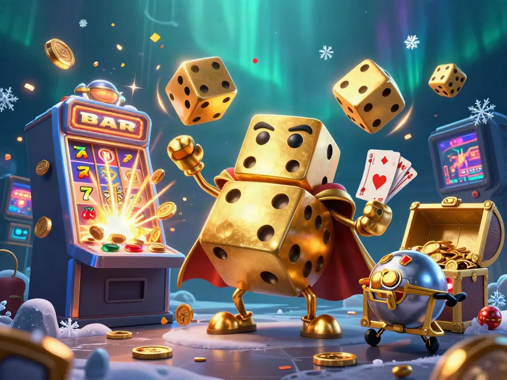 Experience thrilling games at sv368 with a vibrant 3D illustration of dice, slots, and jackpots.