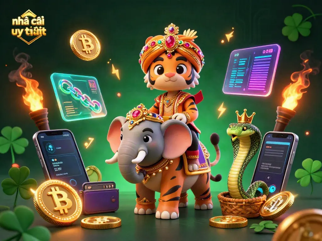 Engaging scene depicting nhà cái uy tín featuring a majestic Indian maharaja tiger and jewel-encrusted elephant amidst vibrant Bitcoin and Ethereum coins.