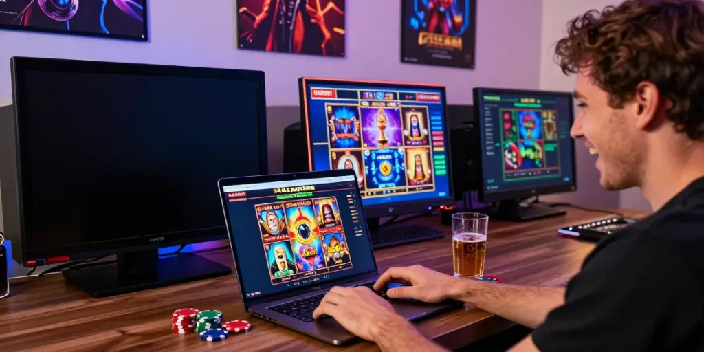 Engaged player enjoying i24Slots Casino online with slot machine graphics.