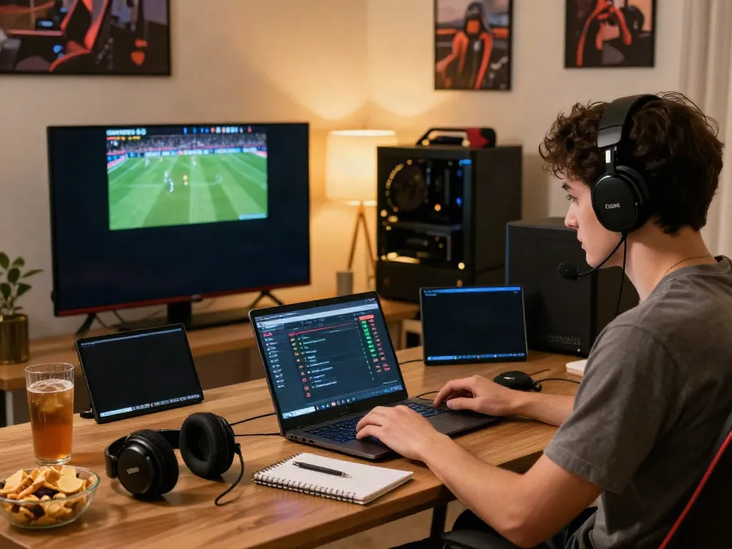 Engaged player using ku88 platform for live betting in a cozy setup