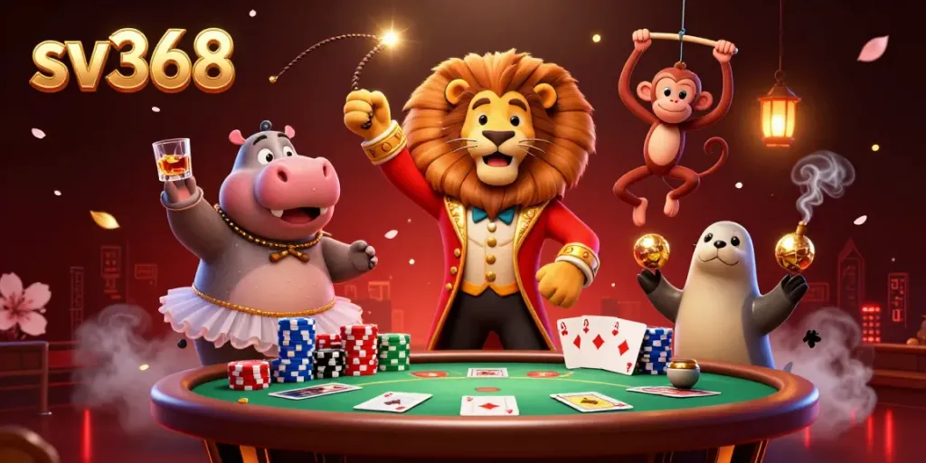 Experience the thrilling action at sv368 with a dynamic 3D illustration showing casino elements and engaging characters.