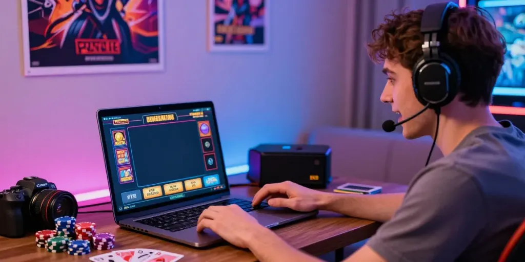 Player enjoying an online experience with bonus sans depot casino on a laptop in a vibrant home setting.