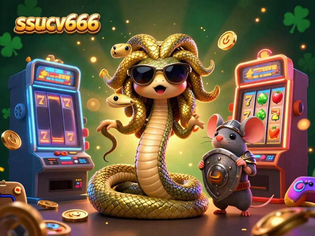 Experience fun gaming adventures with ssucv666 in this colorful casino-themed illustration.