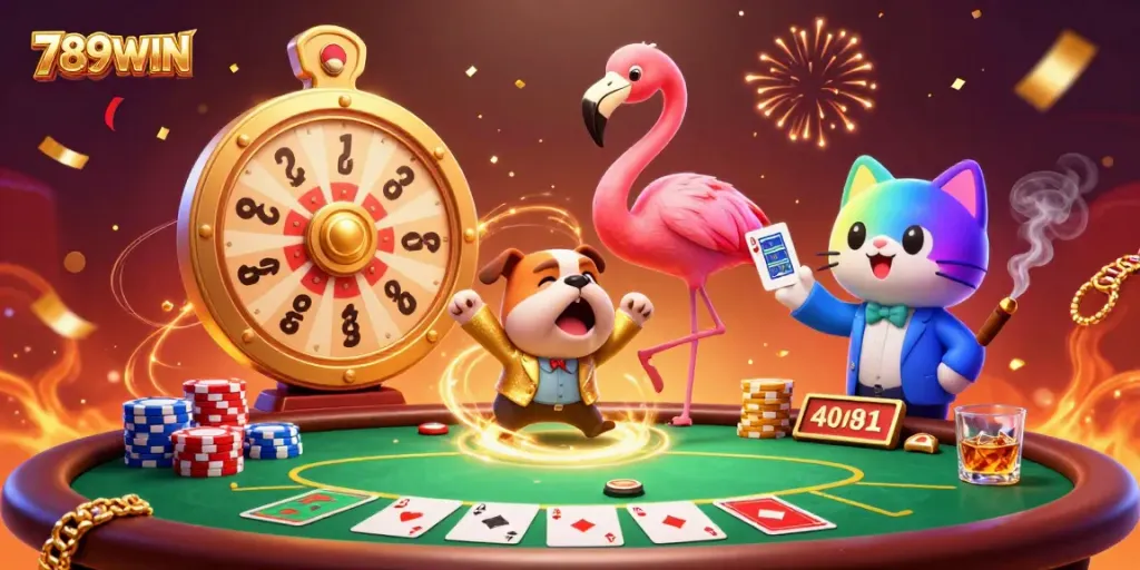 Exciting game show scene showcasing 789WIN with a flamingo host, bulldog contestant, and a scoreboard cat, celebrating gambling rewards.