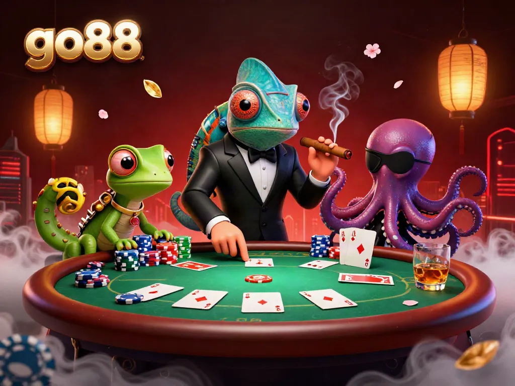 Engage with go88's dynamic casino atmosphere featuring vibrant poker action and colorful characters.