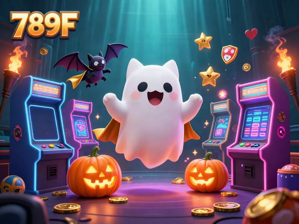 Experience the charm of 789F with a friendly ghost cat and a vampire bat in a vibrant casino.