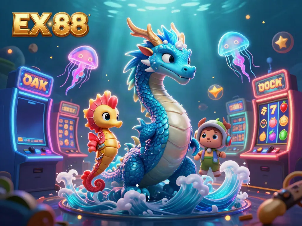 Engage with EX 88's vibrant casino scene featuring mythical creatures and colorful slot machines.