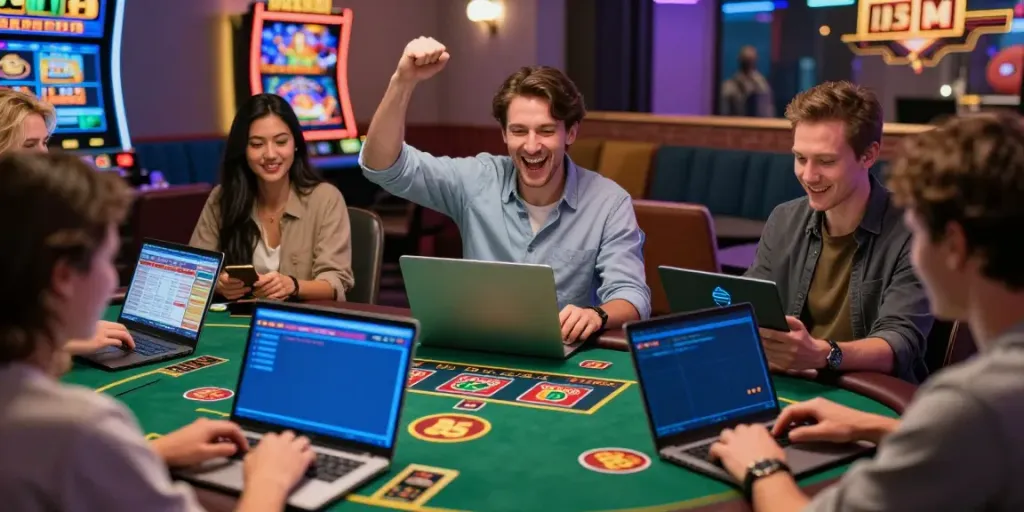 Players experiencing a casino bonus sans dépôt in a lively online gaming environment.