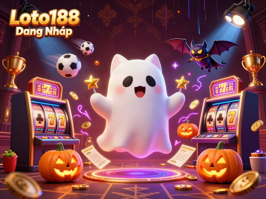 Loto188 Đăng Nhập showcases a 3D cartoon ghost cat and vampire bat in a vibrant casino setting, bursting with action.