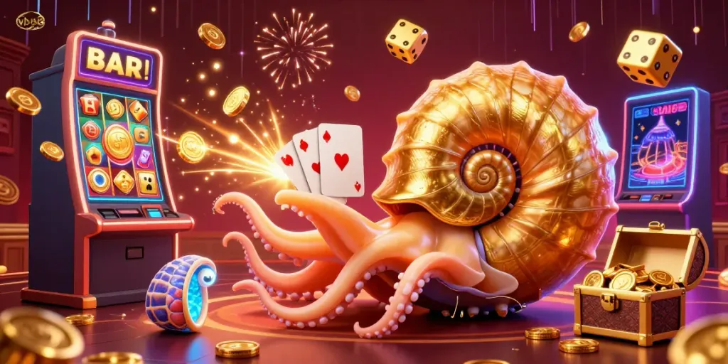 Experience the thrill at vb88 with a vibrant scene featuring a giant nautilus roulette wheel, glowing ammonites, and exciting jackpot elements.