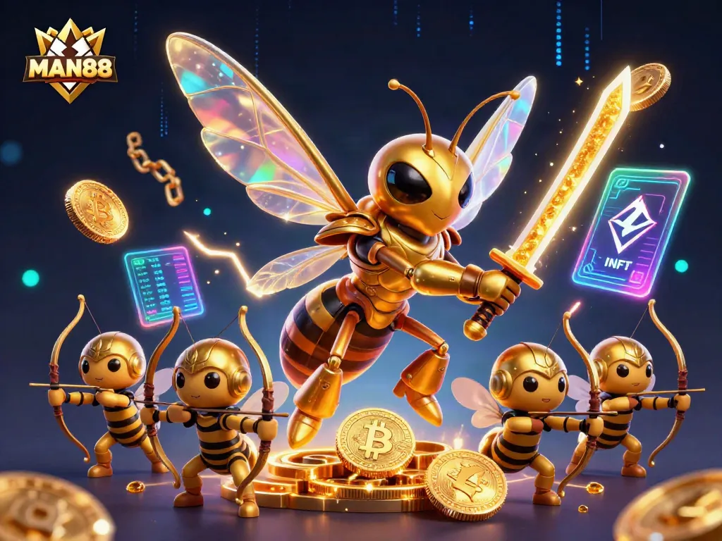 Immerse in the MAN88 casino scene featuring a golden hornet and crypto coins amidst vibrant energy.