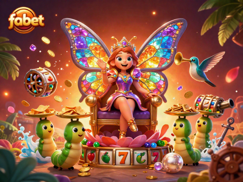 Play fabet slots with captivating characters and vibrant casino elements in a rich 3D scene.