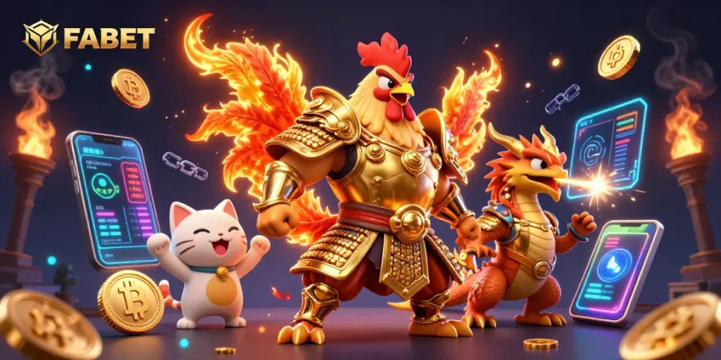 Experience thrilling action at FABET with vibrant 3D characters in a dynamic casino scene.