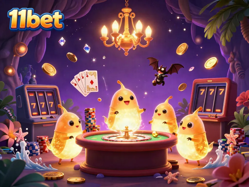 Engage in thrilling games at 11bet with a captivating scene full of casino action and vibrant colors.