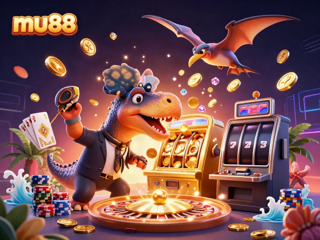 Experience jackpots with mu88 in this vibrant 3D casino scene featuring animated dinosaurs and thrilling games.