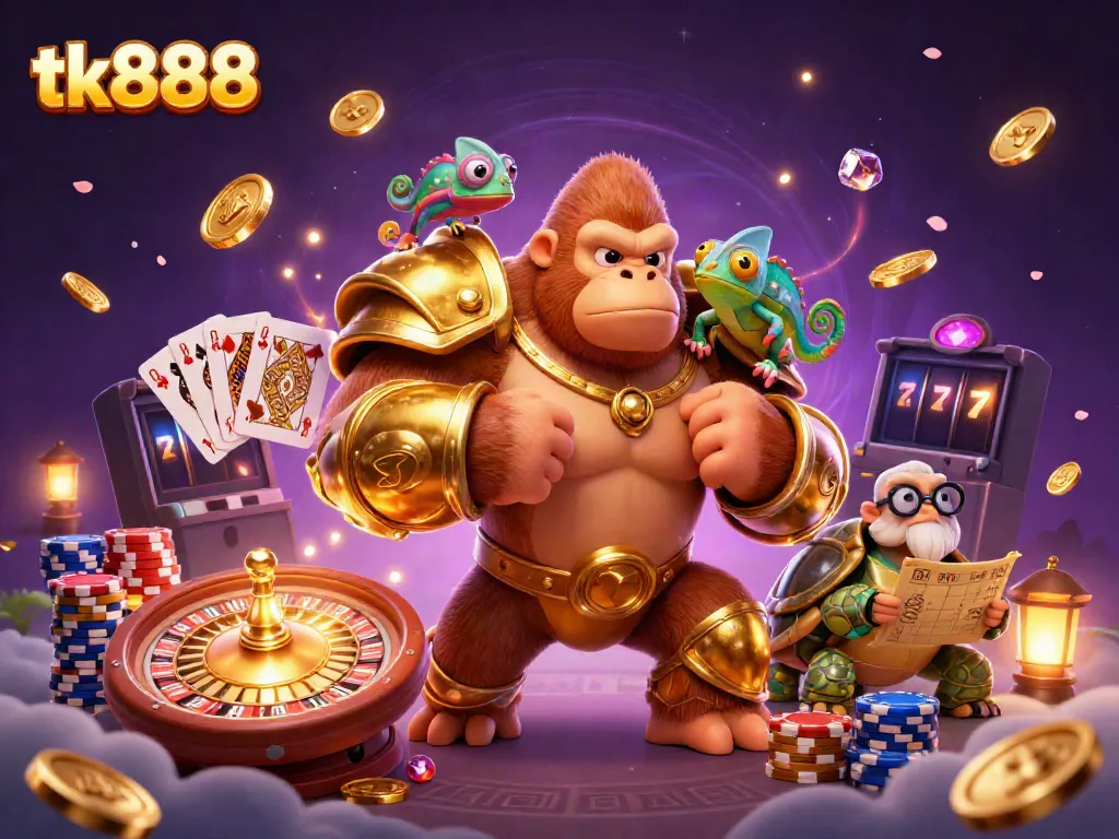 Engage in thrilling gameplay at tk888, with a colorful scene of a gorilla king and friends immersed in casino excitement.