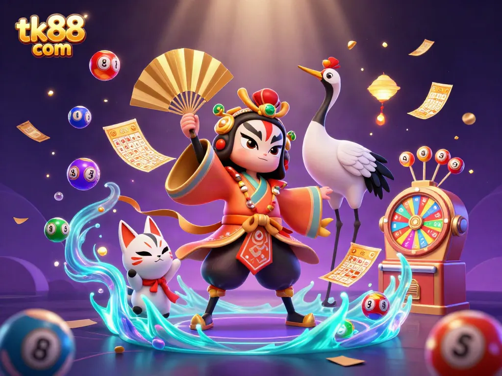 Engage in thrilling casino entertainment at tk88 com, featuring a kabuki warrior in a vibrant 3D illustration.