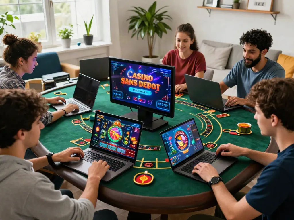 Diverse players enjoying Casino sans Depot games on stylish laptops amidst colorful graphics and digital bonuses.