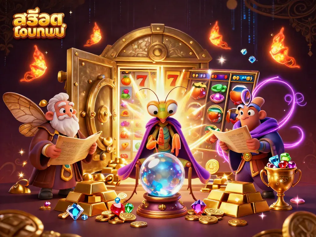 Engage in thrilling slot adventures with the enchanting praying mantis fortune teller in this vibrant illustration for สล็อตออนไลน์.