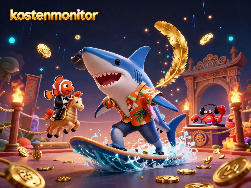 Experience the thrill of gaming with kostenmonitor as a shark surfs on gold coins.
