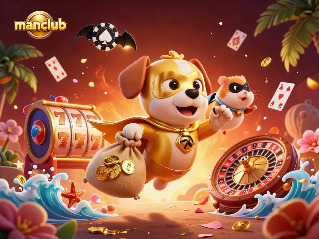 Experience thrilling wins at Manclub with a superhero dog carrying gold coins in a vibrant casino setting.