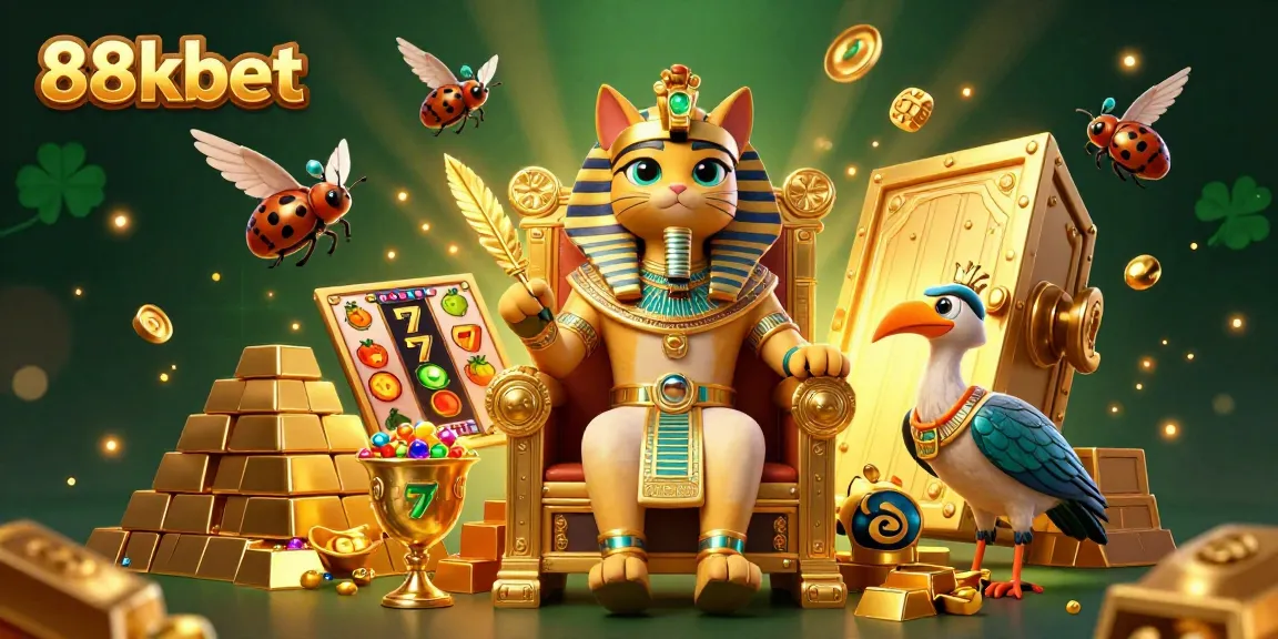 Engage in thrilling games at 88kbet with vibrant Egyptian-themed casino elements and treasures.